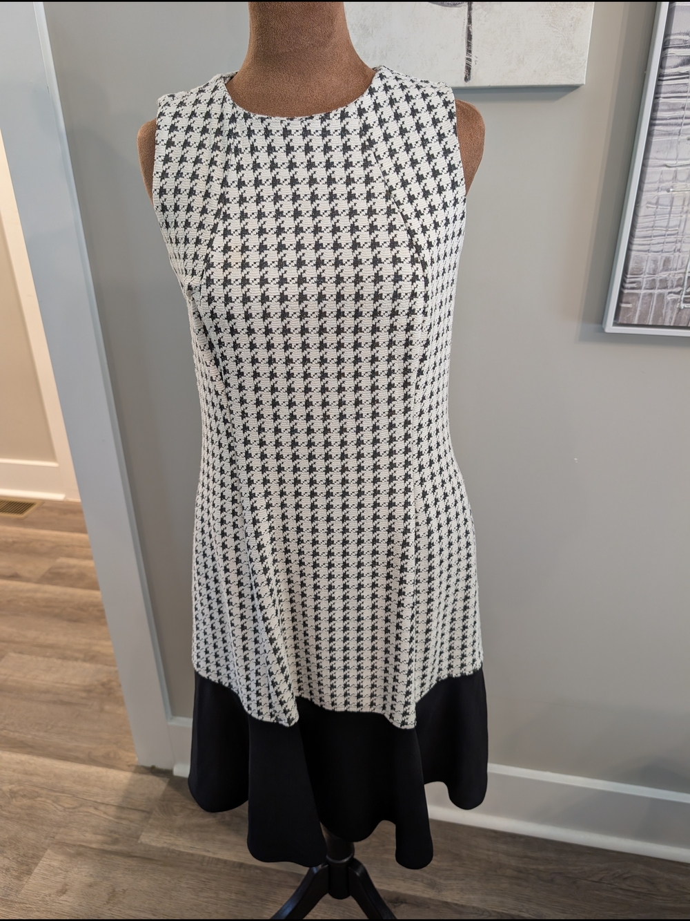 Anne Klein Black & White Houndstooth Fit-n-Flare Dress with Black Hem Pockets
